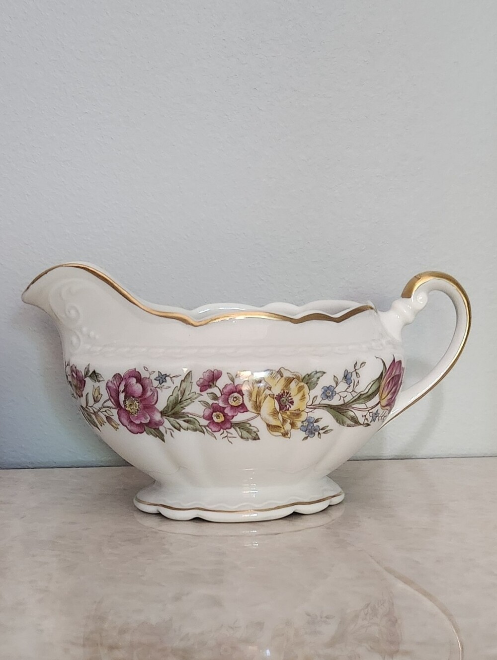 Royal Jackson Floral White Porcelain Gravy Boat with Gold Trim